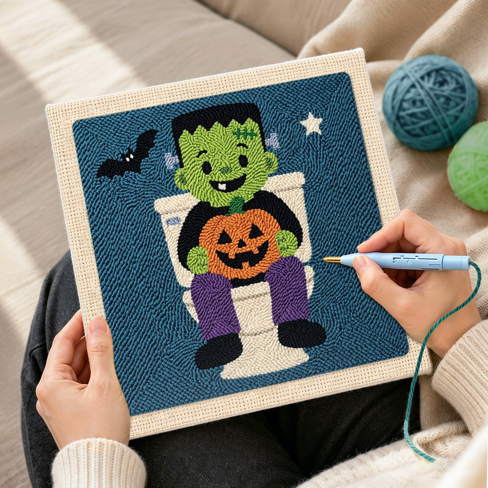 Creating handmade frankenstein on toilet punch needle artwork