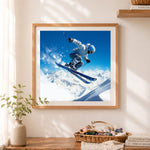 Finished freestyle skier jumping in snow cross stitch artwork displayed as home decor