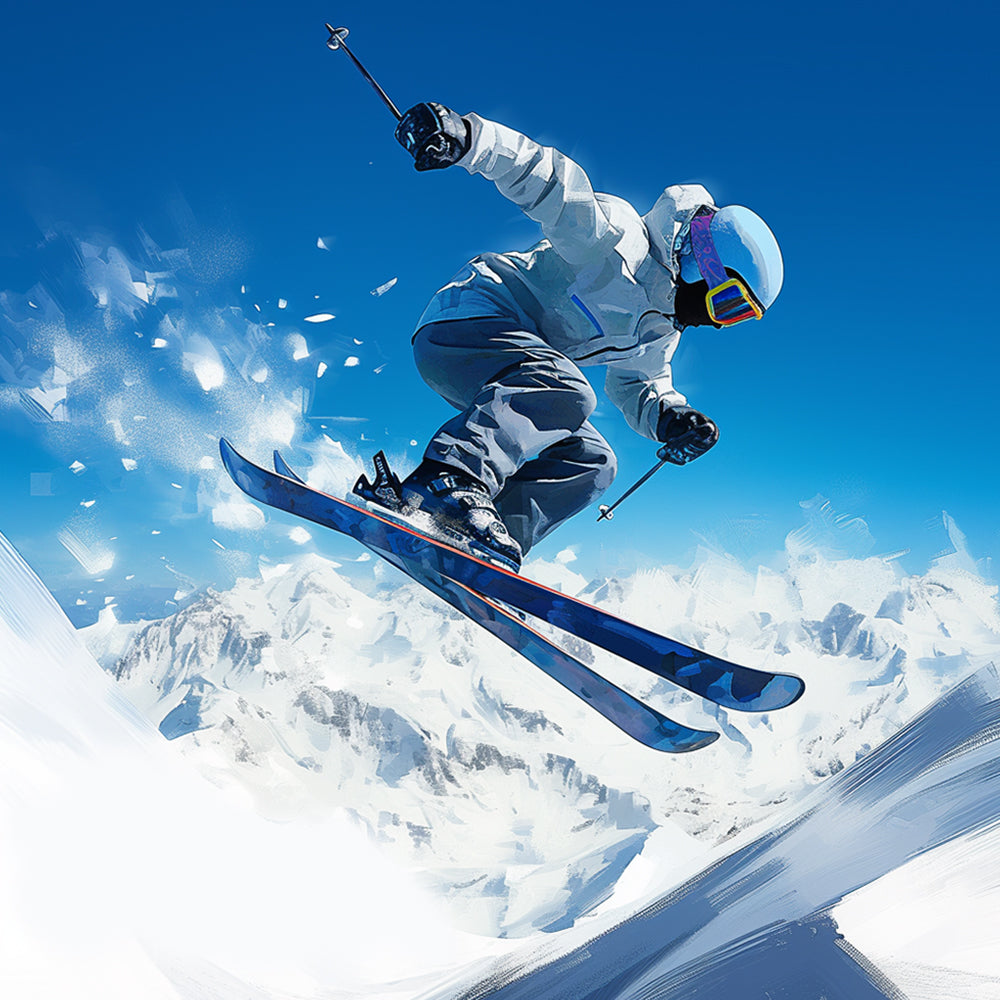 Freestyle skier jumping in snow cross stitch kit for beginners