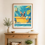Finished french bulldog in bathtub cross stitch artwork displayed as home decor