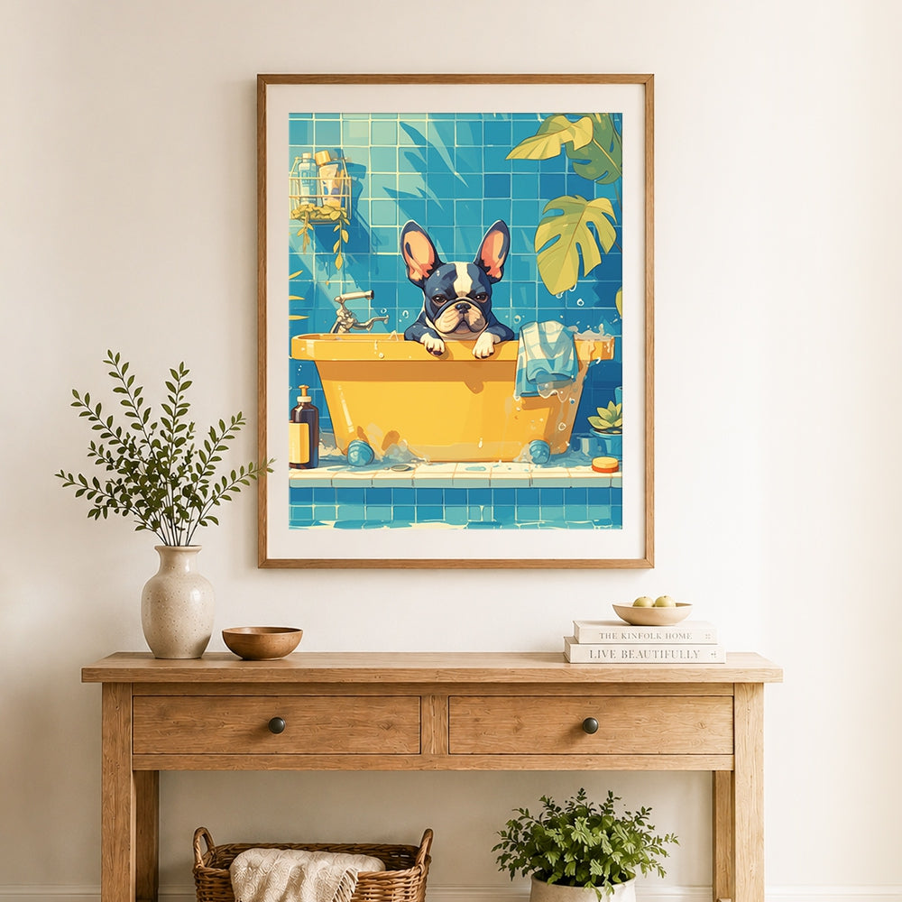 Finished french bulldog in bathtub cross stitch artwork displayed as home decor