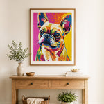 Finished french bulldog pop art cross stitch artwork displayed as home decor