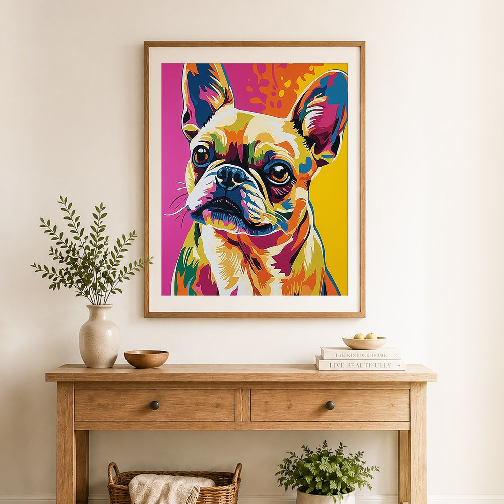 Finished french bulldog pop art cross stitch artwork displayed as home decor