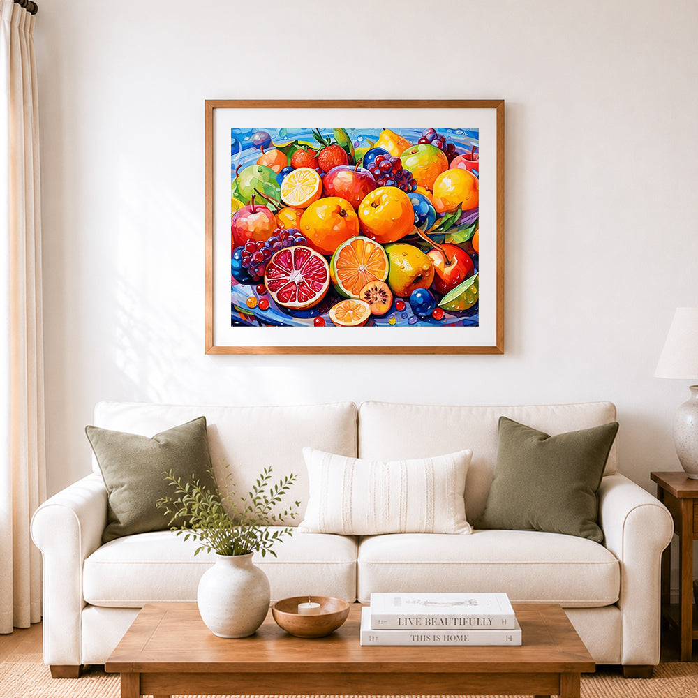 Finished fresh colorful summer fruits cross stitch artwork displayed as home decor