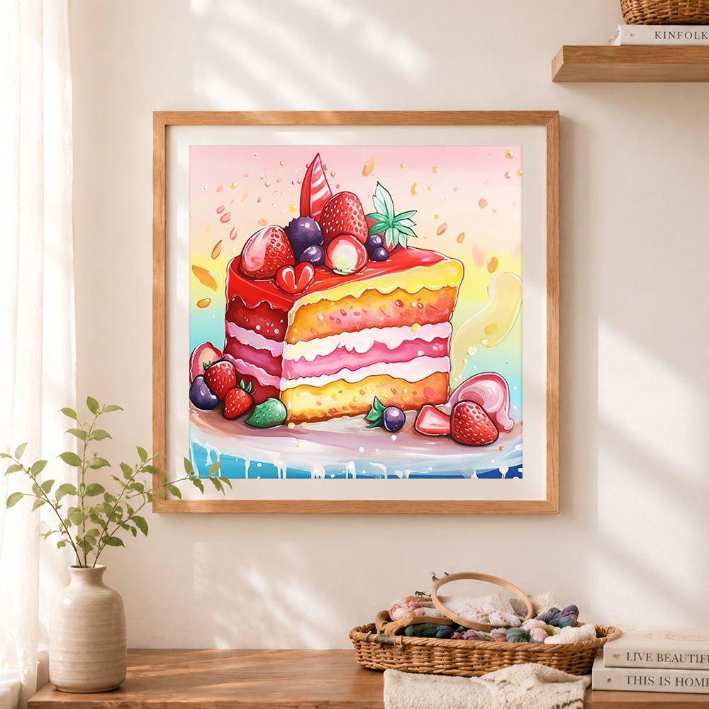 Finished fresh fruit layer cake cross stitch artwork displayed as home decor
