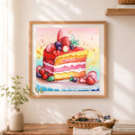Finished fresh fruit layer cake cross stitch artwork displayed as home decor