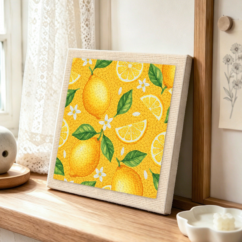 Finished fresh lemons with leaves punch needle artwork displayed on a table