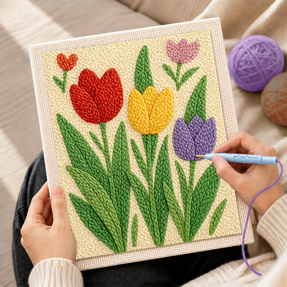 Creating handmade fresh spring tulips punch needle artwork