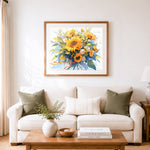 Finished fresh sunflower bouquet cross stitch artwork displayed as home decor