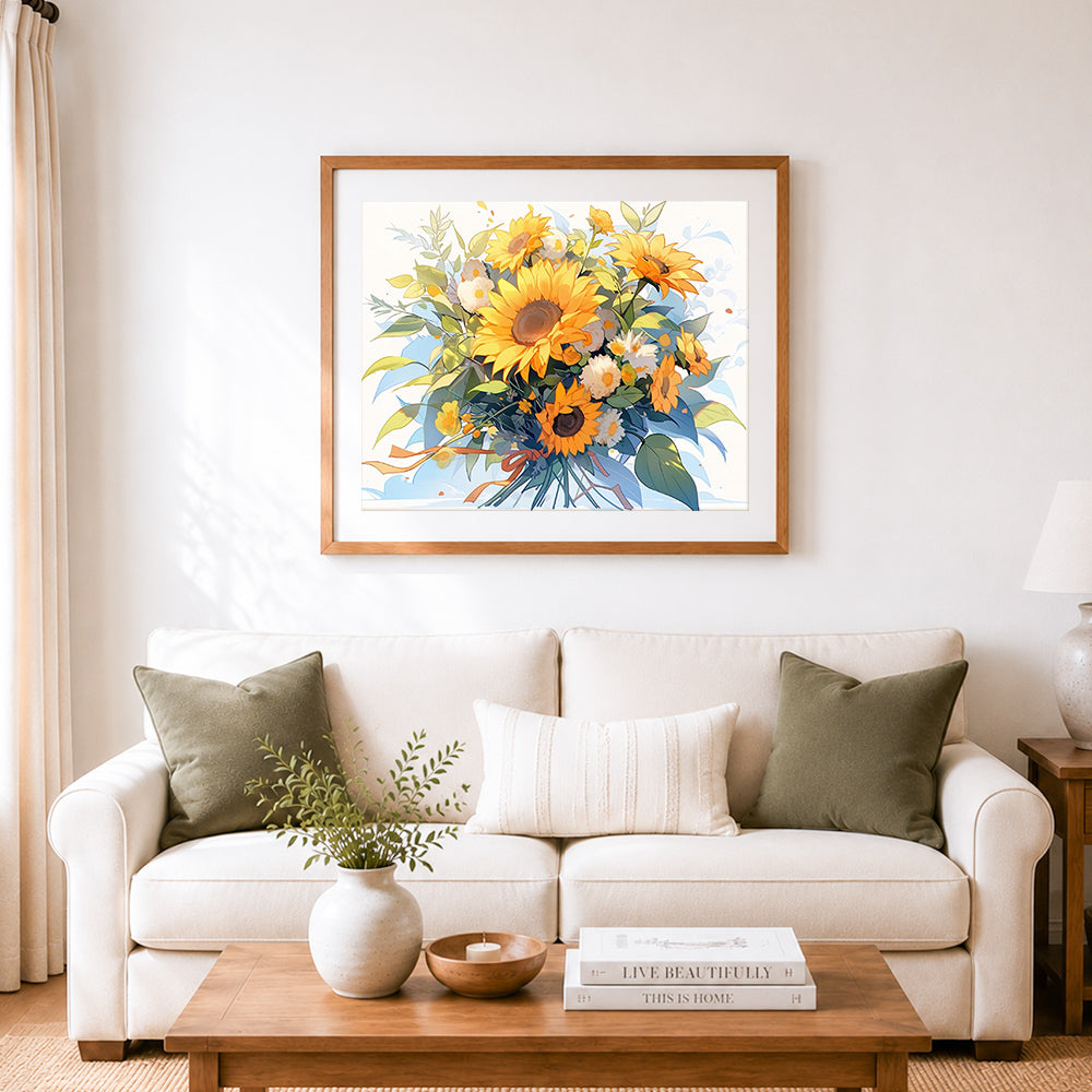 Finished fresh sunflower bouquet cross stitch artwork displayed as home decor