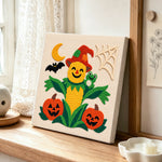 Friendly Corn Scarecrow punch needle artwork displayed on a table
