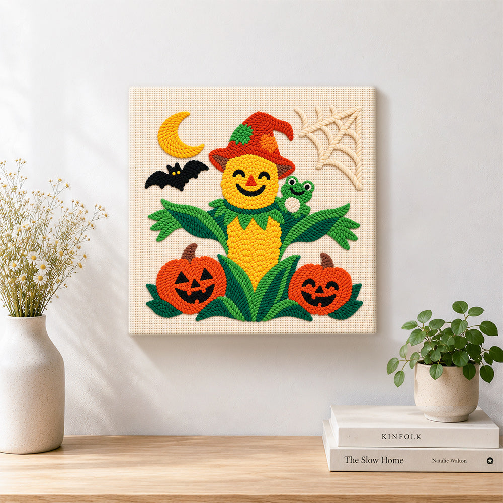 Finished friendly corn scarecrow artwork displayed on a wall