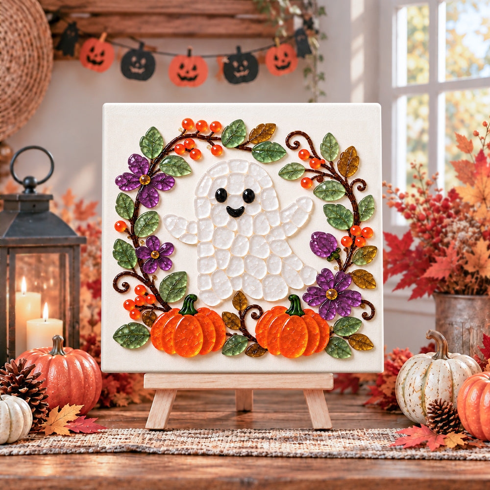 Friendly ghost sea glass art kit displayed as seasonal home decor