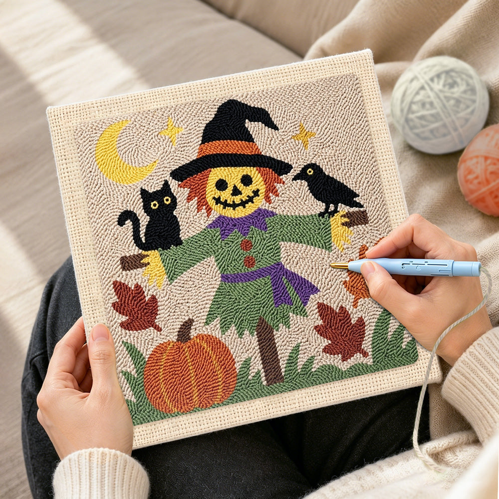 Creating handmade friendly scarecrow punch needle artwork