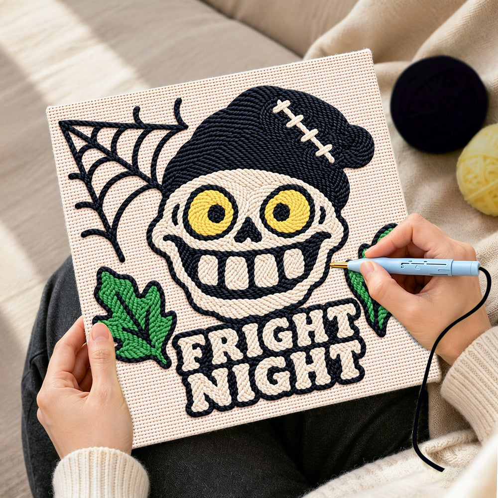 Creating handmade fright night skull punch needle artwork