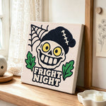 Fright night skull punch needle artwork displayed on a table