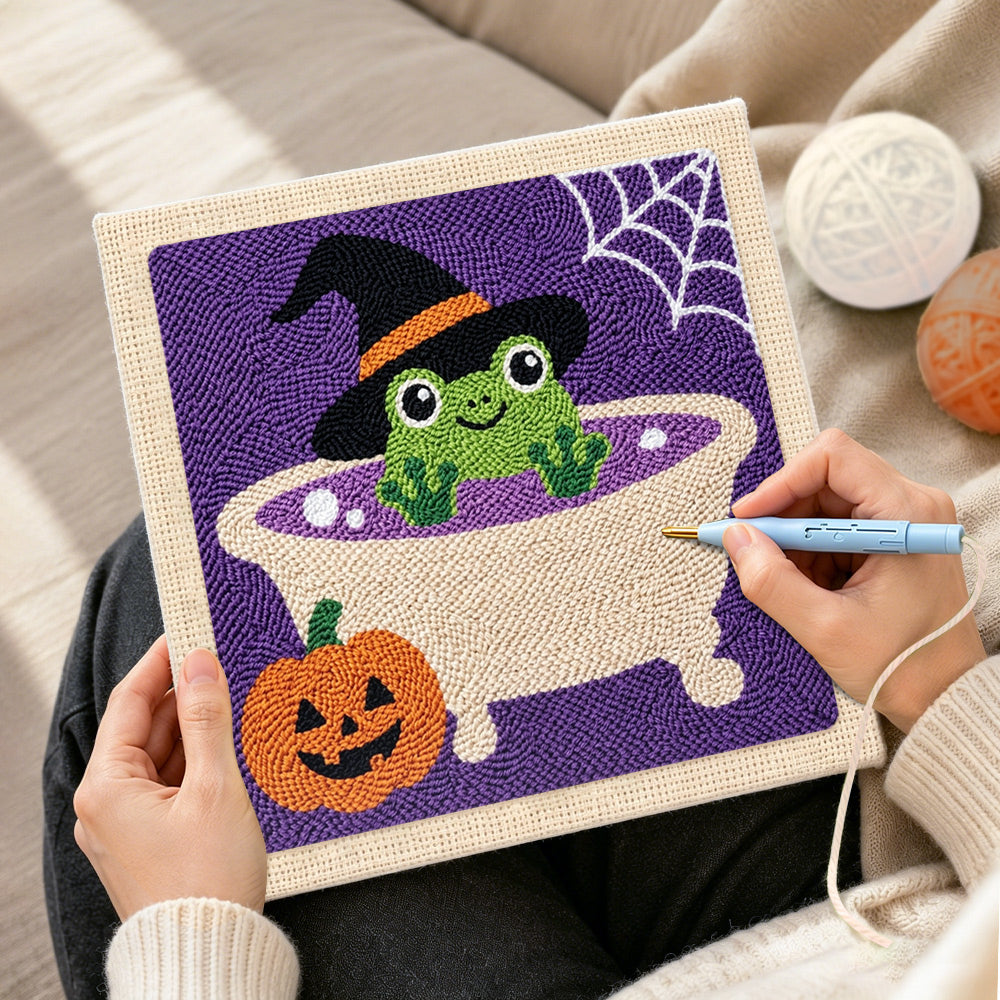 Creating handmade frog bath time punch needle artwork