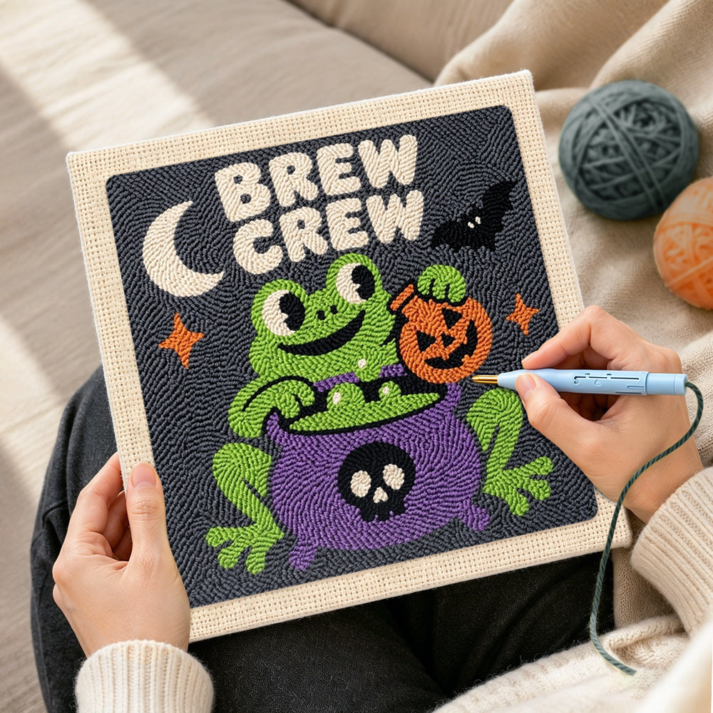 Creating handmade frog brew crew punch needle artwork