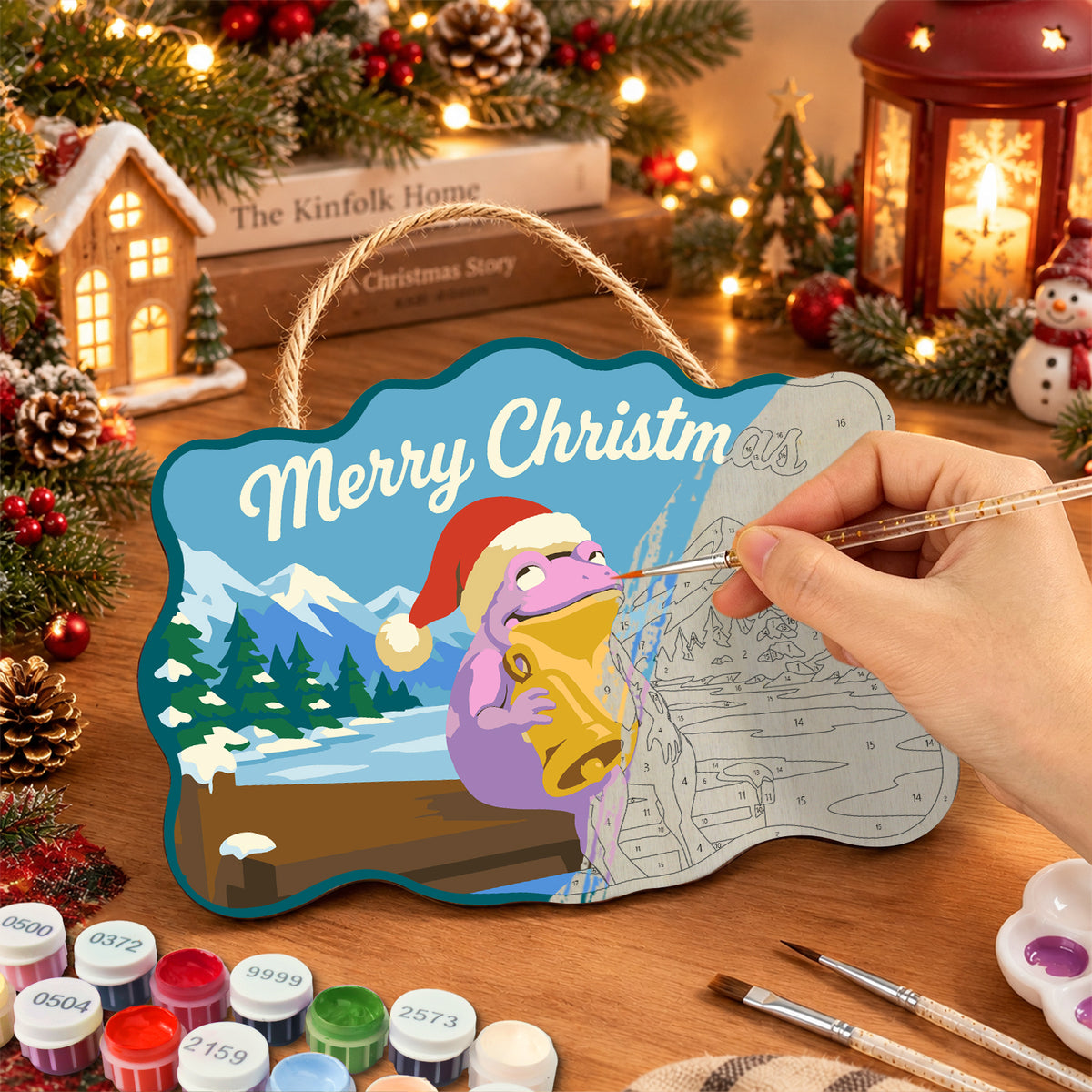 Frog christmas bells paint by numbers door hanger painting process