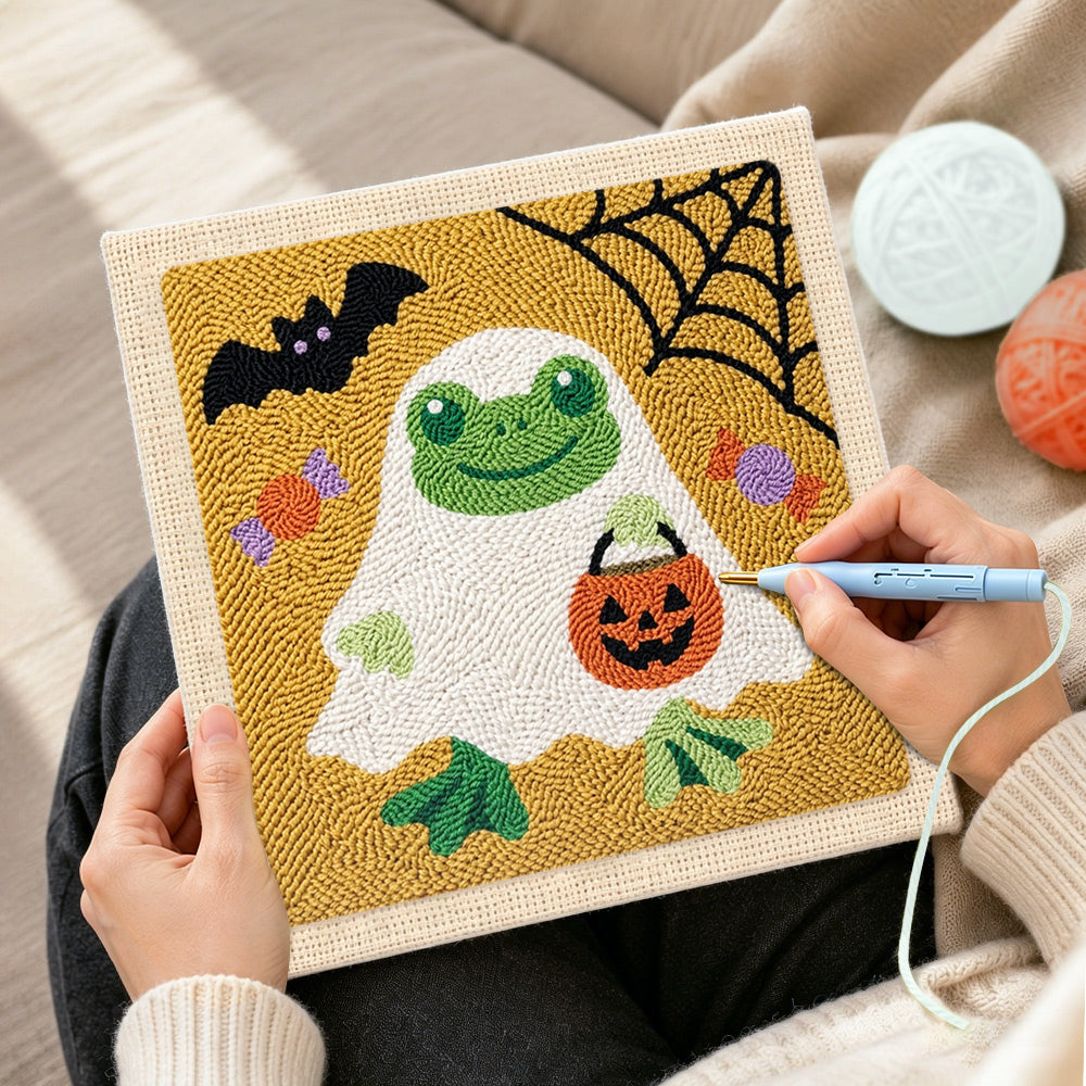 Creating handmade frog ghost in disguise punch needle artwork