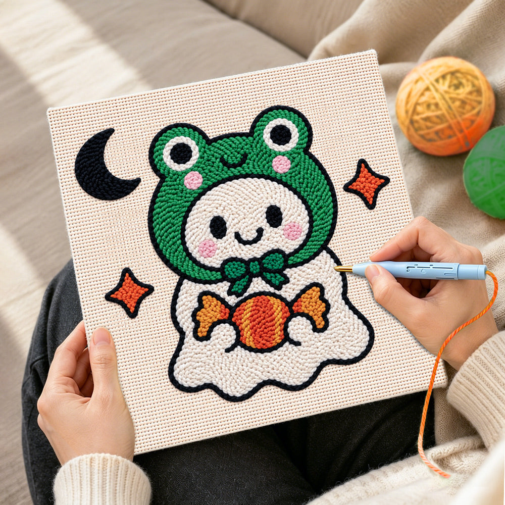 Creating handmade frog ghost with candy punch needle artwork