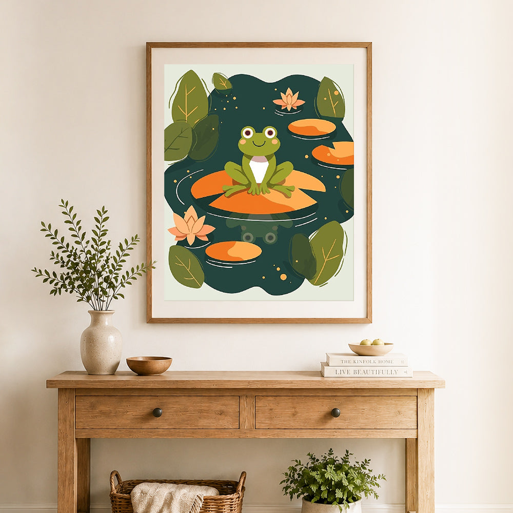 Finished frog on lily pad cross stitch artwork displayed as home decor