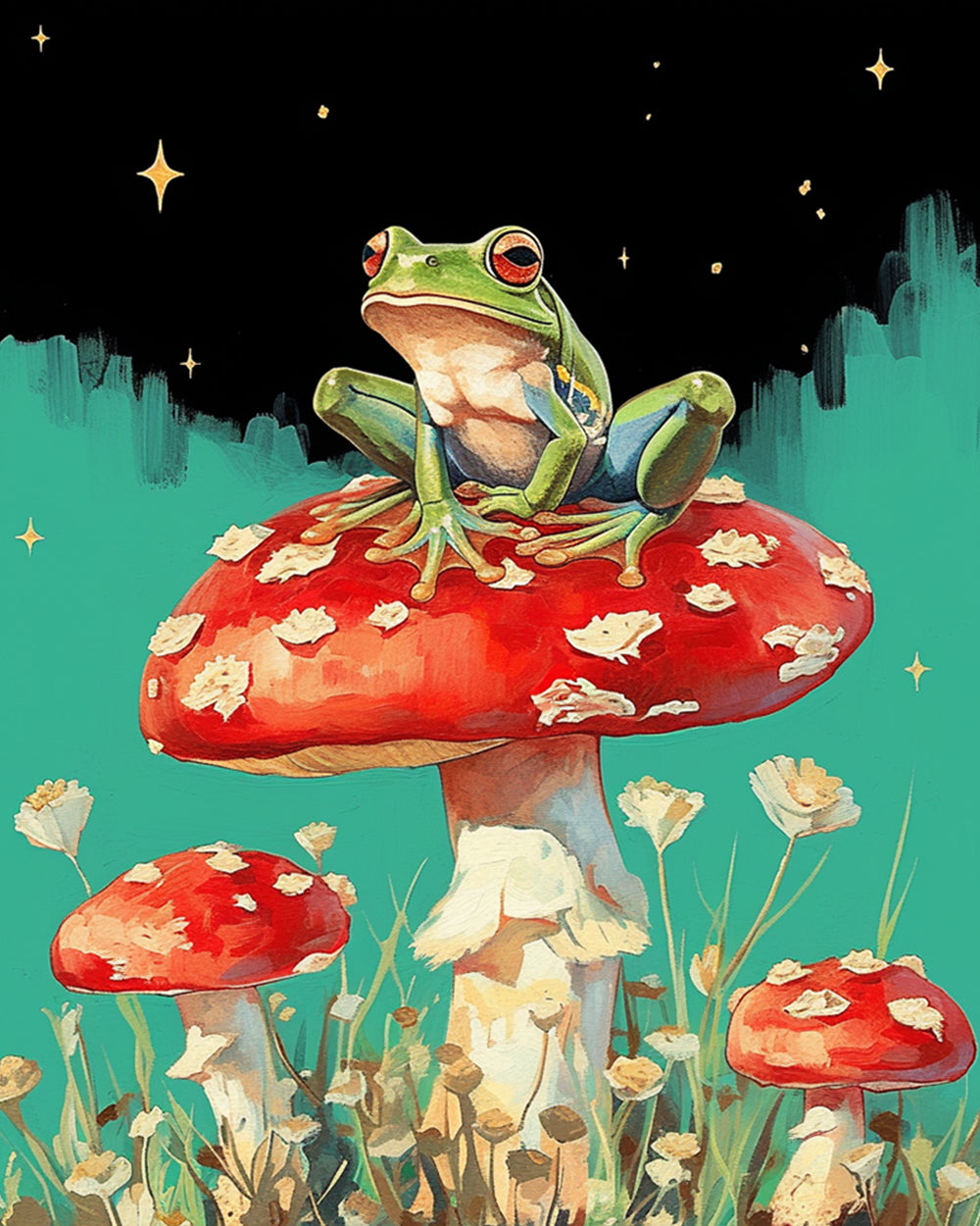 Frog on red mushroom cross stitch kit for beginners