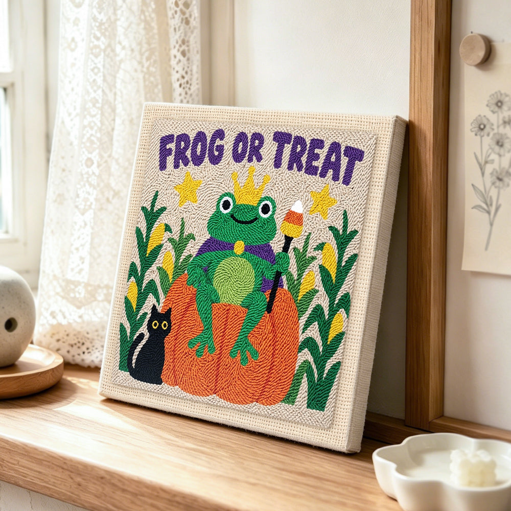 Frog or treat punch needle artwork displayed on a table