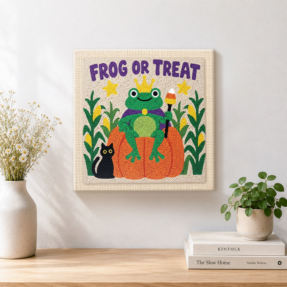 Finished frog or treat artwork displayed on a wall