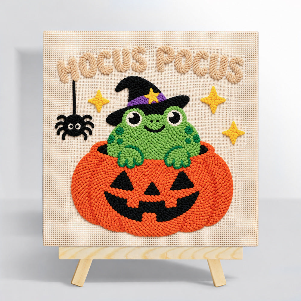 Frog witch inside pumpkin punch needle kit for beginners