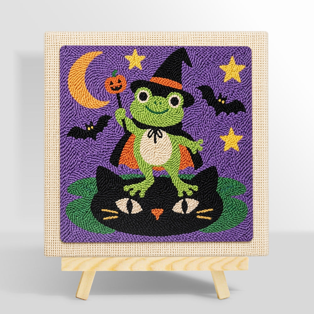 Frog wizard standing on cat punch needle kit for beginners