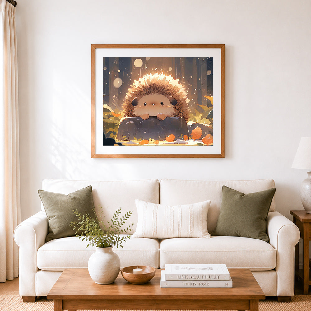 Finished frosty autumn hedgehog cross stitch artwork displayed as home decor