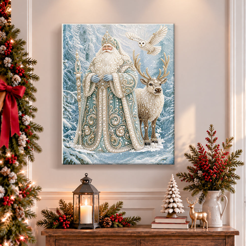Finished frosty saint of winter woods pearl diamond painting artwork displayed as holiday home decor