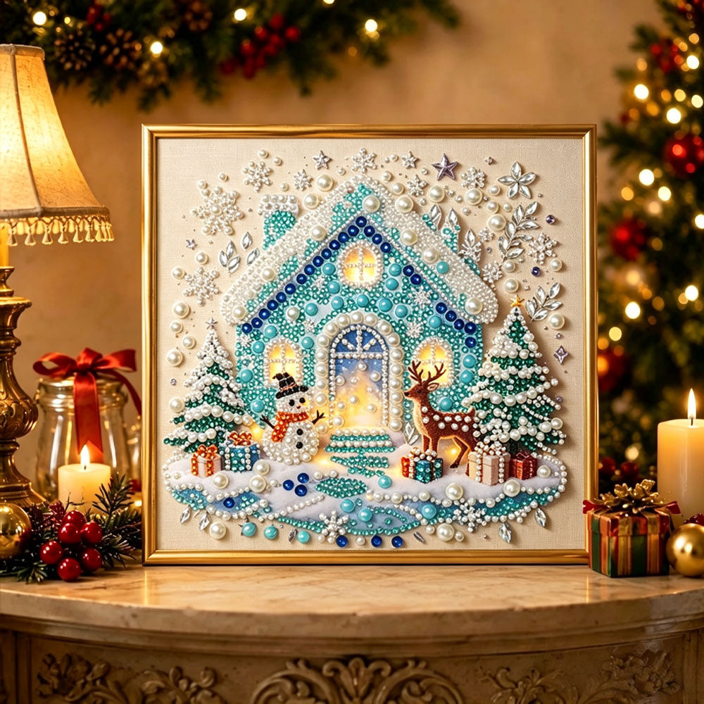 Finished frozen christmas cottage pearl diamond painting artwork displayed as holiday home decor