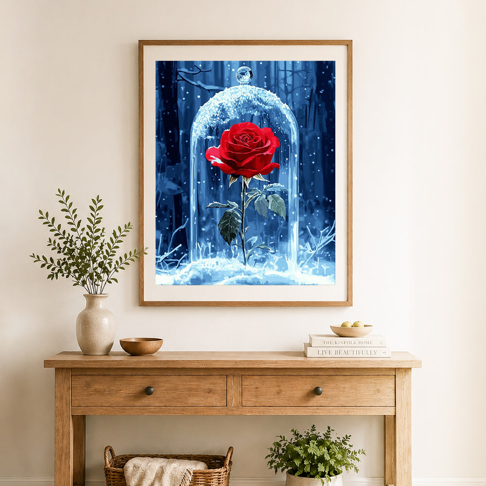 Finished frozen red rose cross stitch artwork displayed as home decor