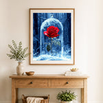 Finished frozen red rose cross stitch artwork displayed as home decor