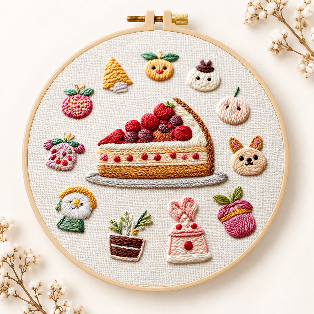 Fruit pie and whimsical motifs embroidery kit