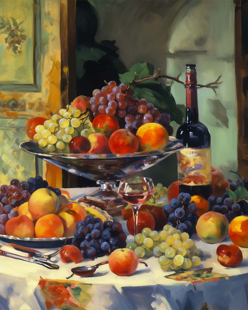 Fruit still life with wine and grapes cross stitch kit for beginners
