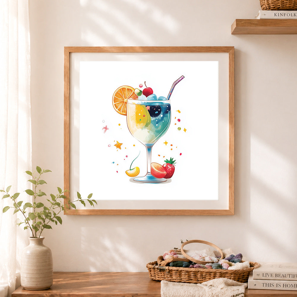 Finished fruity summer cocktail cross stitch artwork displayed as home decor