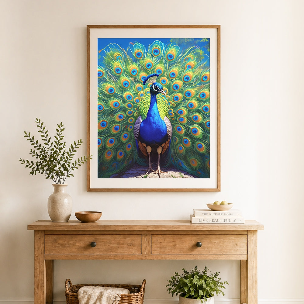Finished full display peacock on blue cross stitch artwork displayed as home decor