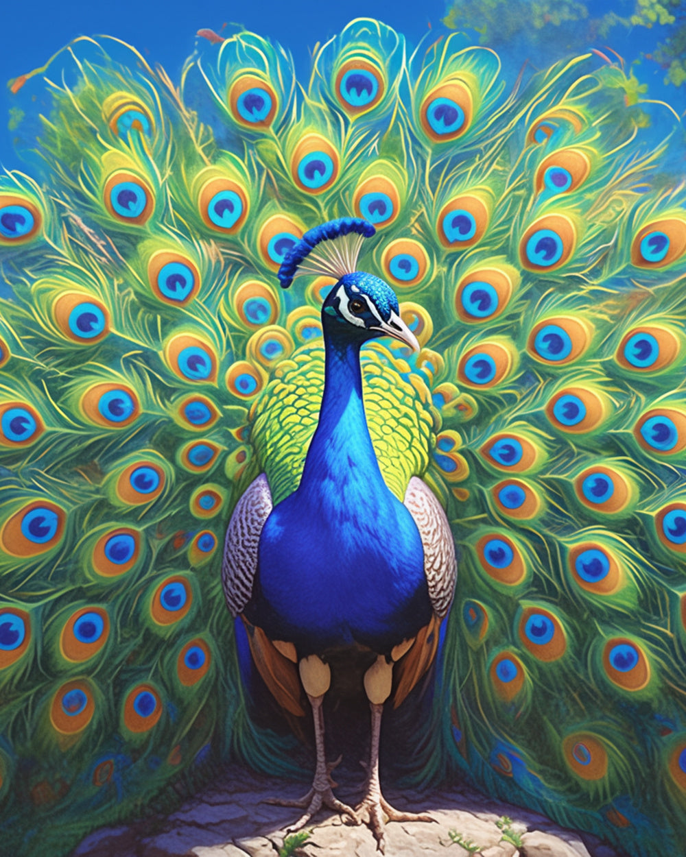 Full display peacock on blue cross stitch kit for beginners