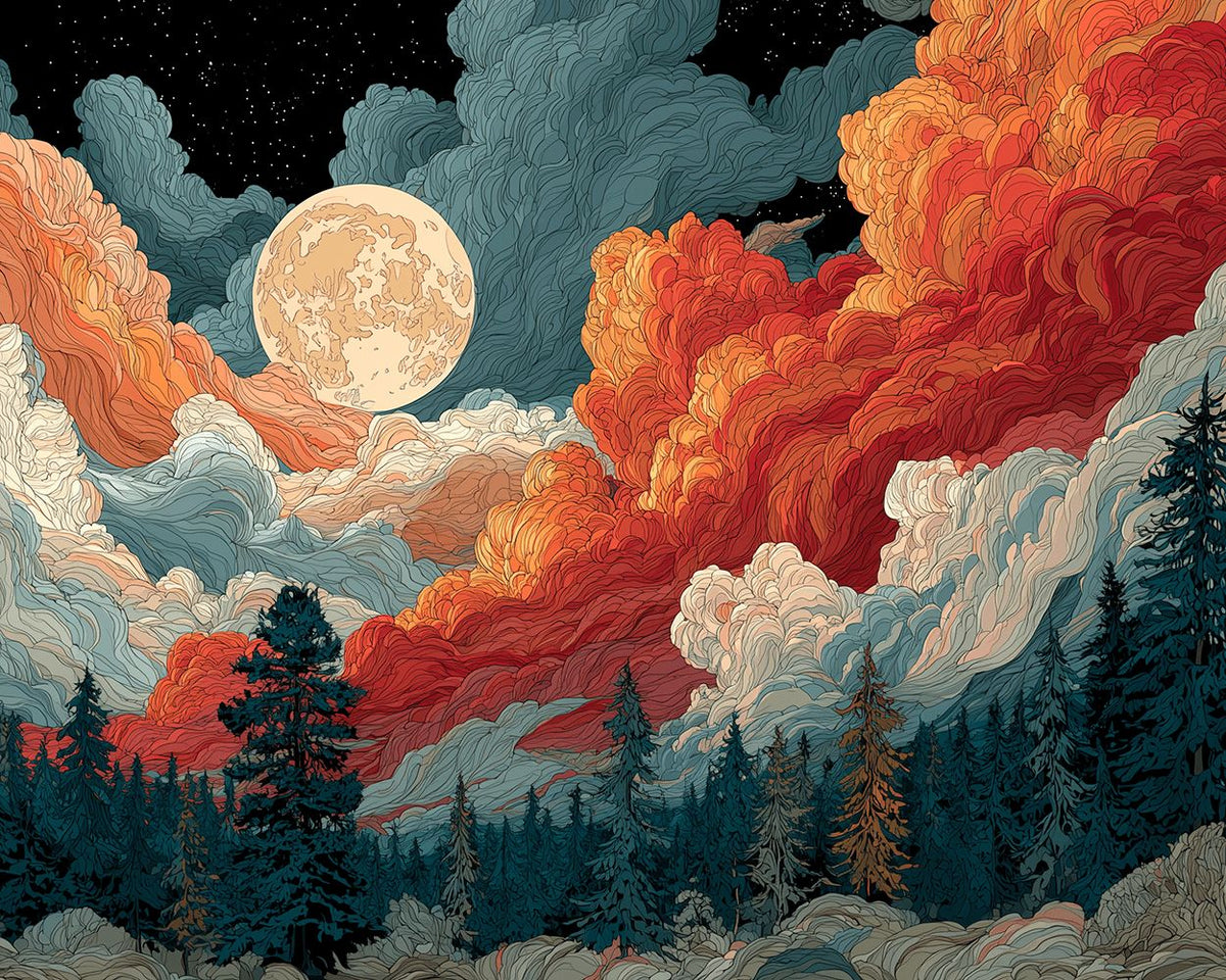 Full moon above colorful cloud forest cross stitch kit for beginners
