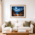 Finished full moon mountain campfire with tent cross stitch artwork displayed as home decor