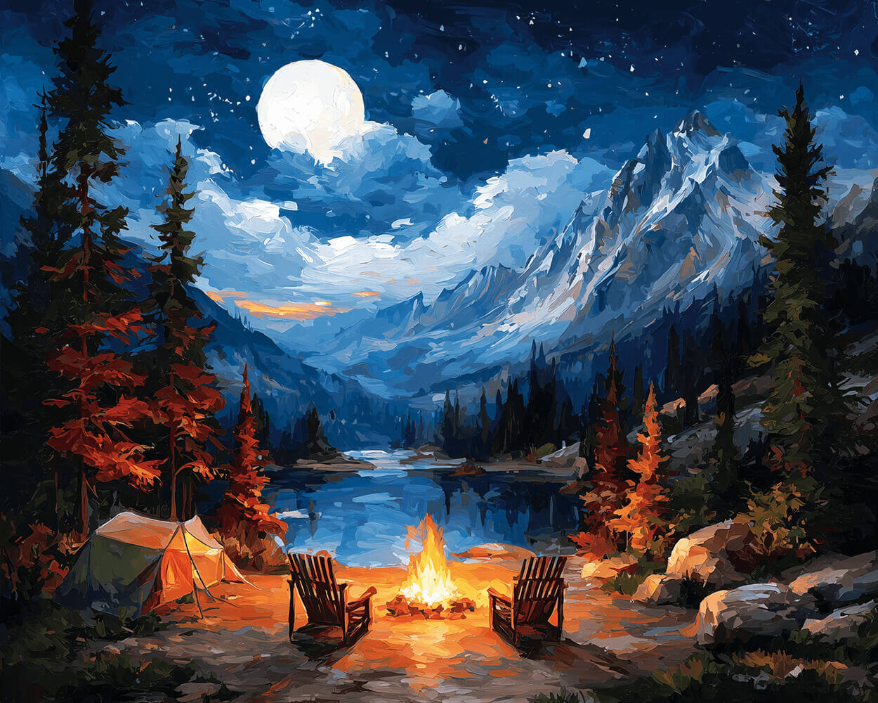 Full moon mountain campfire with tent cross stitch kit for beginners