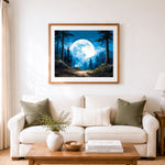 Finished full moon over pine woods cross stitch artwork displayed as home decor