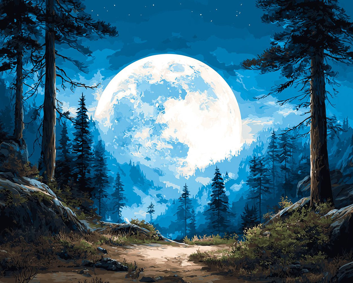 Full moon over pine woods cross stitch kit for beginners