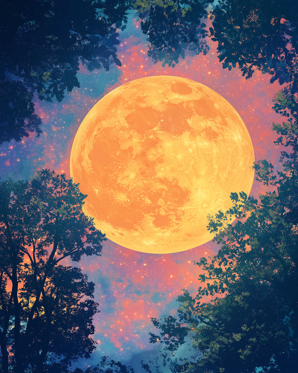 Full moon through tree canopy cross stitch kit for beginners