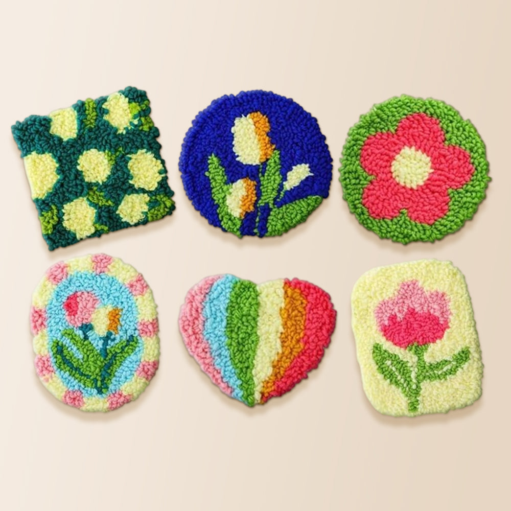 Fun mixed shape flowers punch needle coaster kit finished handmade coasters