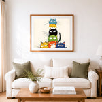 Finished funny cartoon cat stack tower cross stitch artwork displayed as home decor