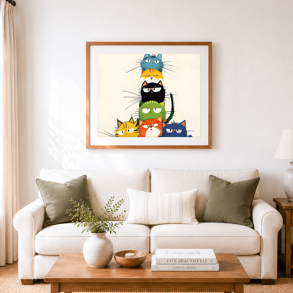 Finished funny cartoon cat stack tower cross stitch artwork displayed as home decor